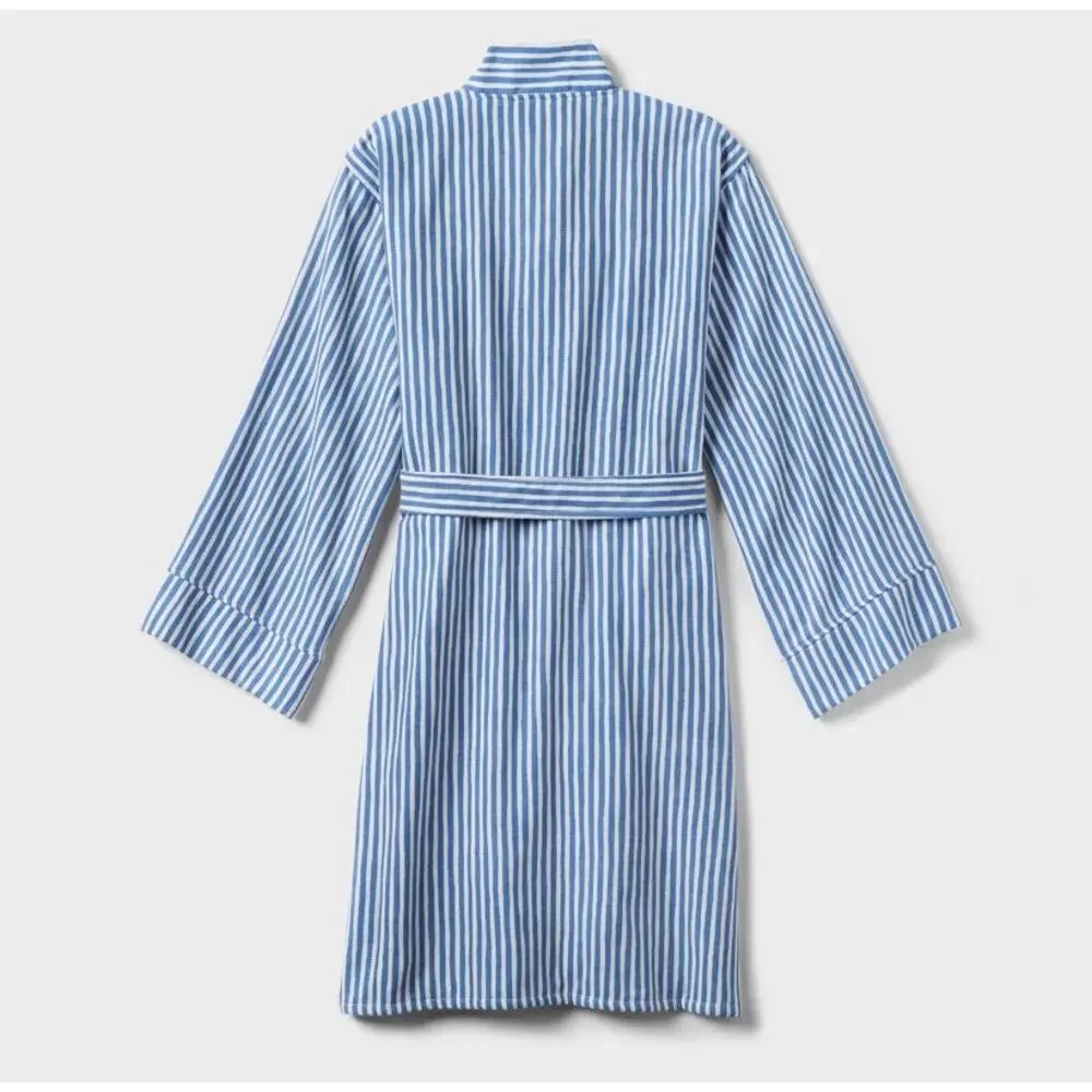 Room Essentials Blue White Stripe Bath Robe S/M 100% Cotton Belted NWT Target - Picture 2 of 5